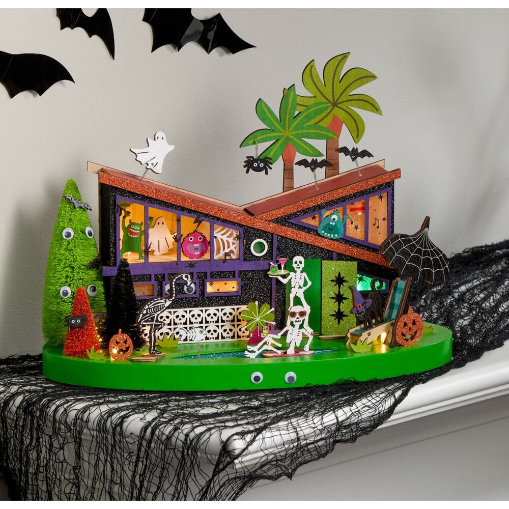 Mid Century Halloween House Large Party Laser Cut Wood Light Up LED Decor NEW - Picture 3 of 3